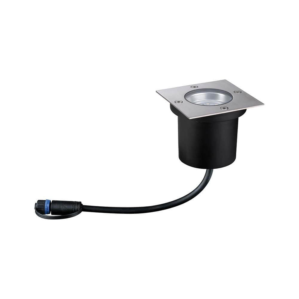 LED Plug & Shine Bodeneinbaulampe eckig IP65 3000K mit schwarzem Gehäuse und Kabel für Außenbeleuchtung.