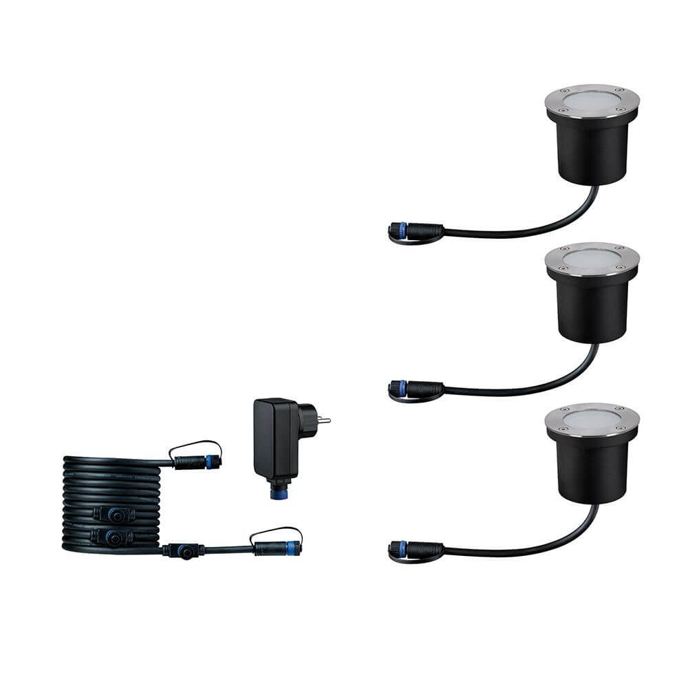 Plug & Shine LED Bodeneinbauleuchten Set mit Steckertrafo und Verbindungskabel für Gartenbeleuchtung.