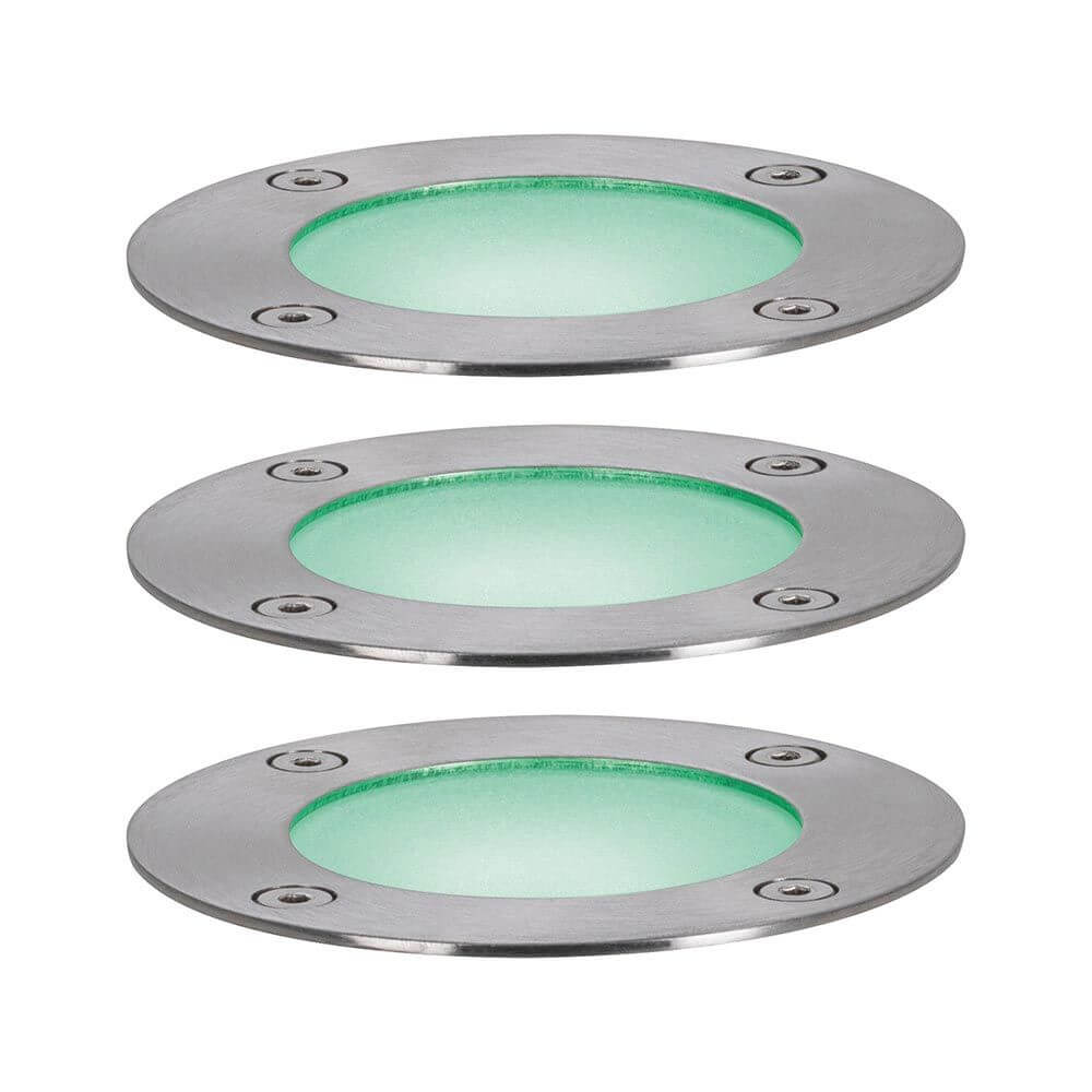 Plug & Shine LED Bodeneinbaustrahler Set in Edelstahl mit grünem Licht für Gartenbeleuchtung.