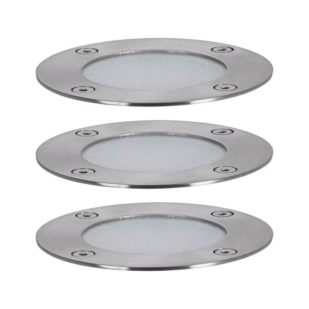 Plug & Shine LED Bodeneinbaustrahler Set für Gartenbeleuchtung, drei Leuchten mit modernen Design.