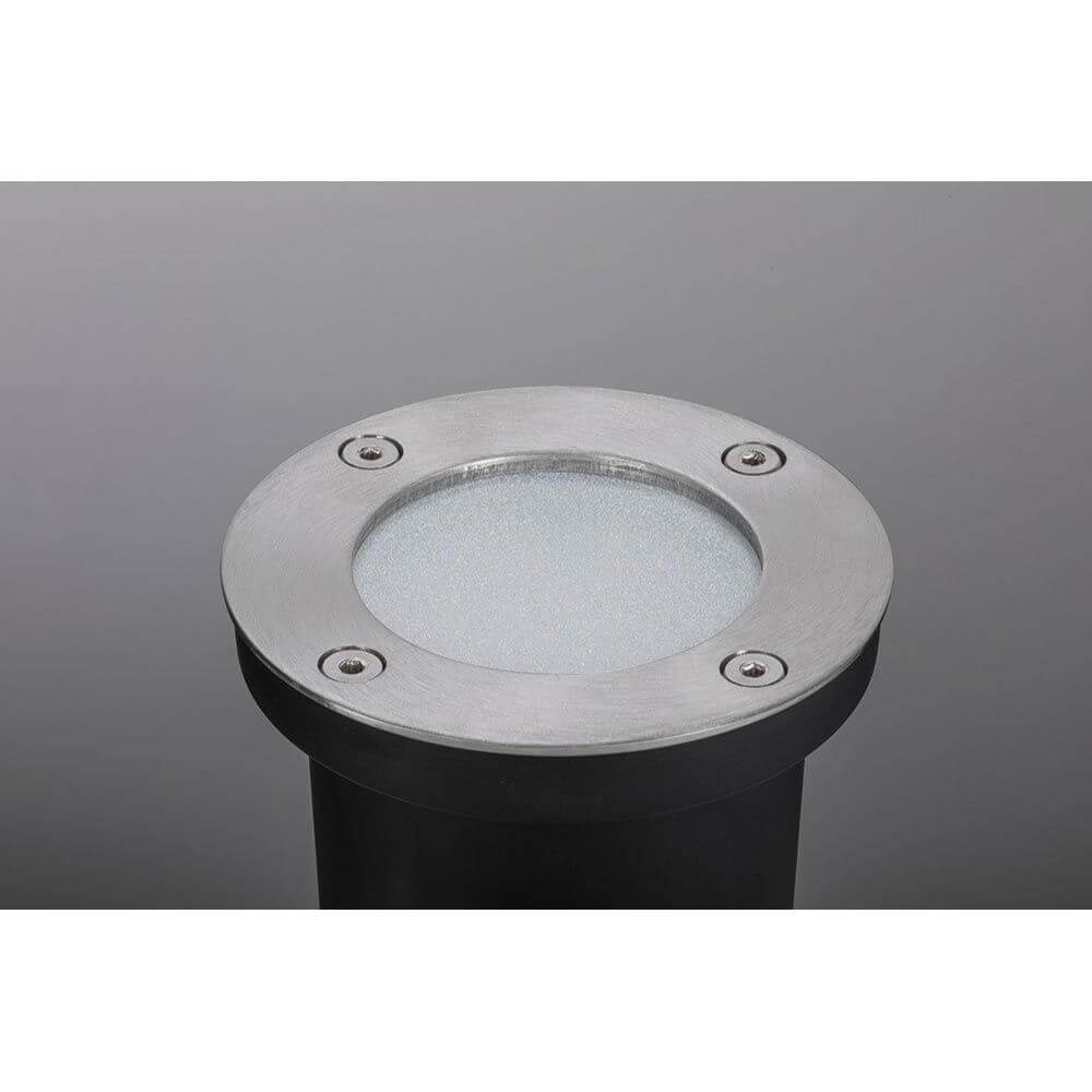 Runder Plug & Shine LED Bodeneinbaustrahler mit Edelstahlrahmen für Gartenbeleuchtung.