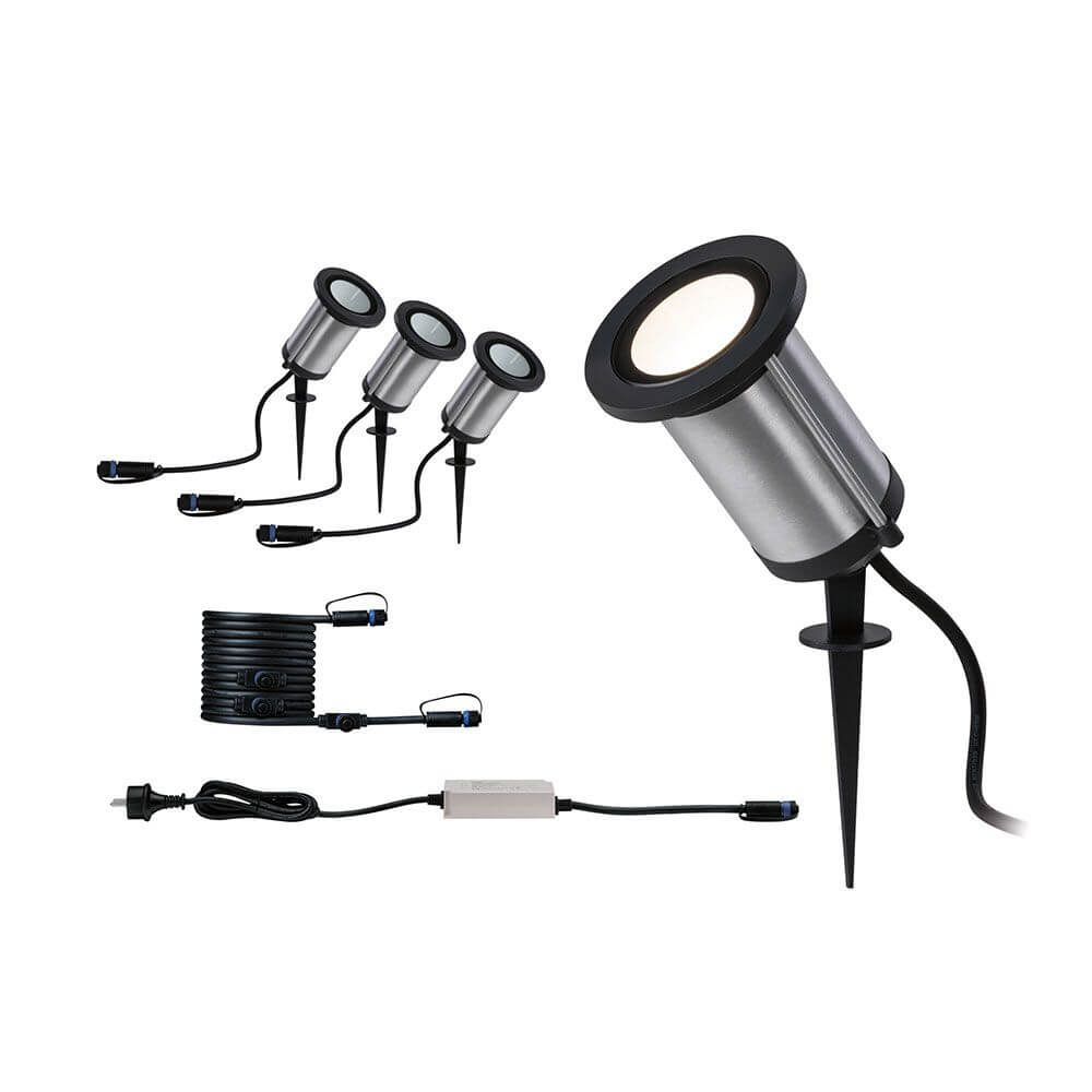 Plug & Shine LED Gartenstrahler Classic Basis-Set Anthrazit IP65 mit drei Erdspießen und Trafo.
