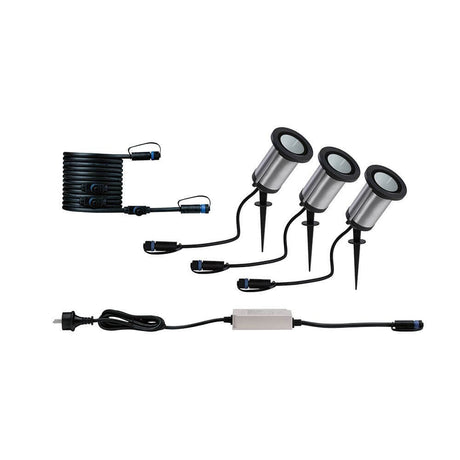 Plug & Shine LED spot de jardin Classic kit de base anthracite IP65 avec trois piquets de terre blanc chaud et transformateur.