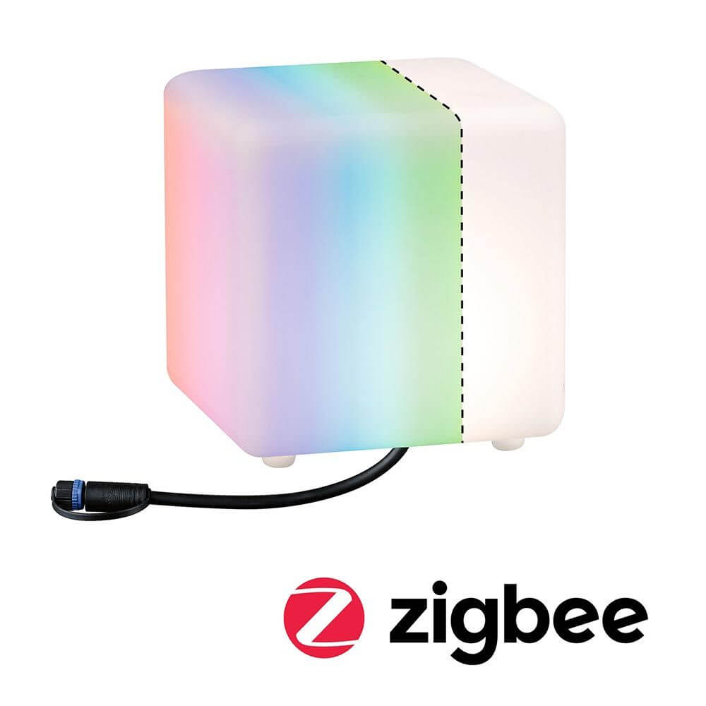 Plug & Shine LED Lichtobjekt Cube in Weiß mit buntem Licht, kompatibel mit ZigBee für Smart Home Anwendungen.