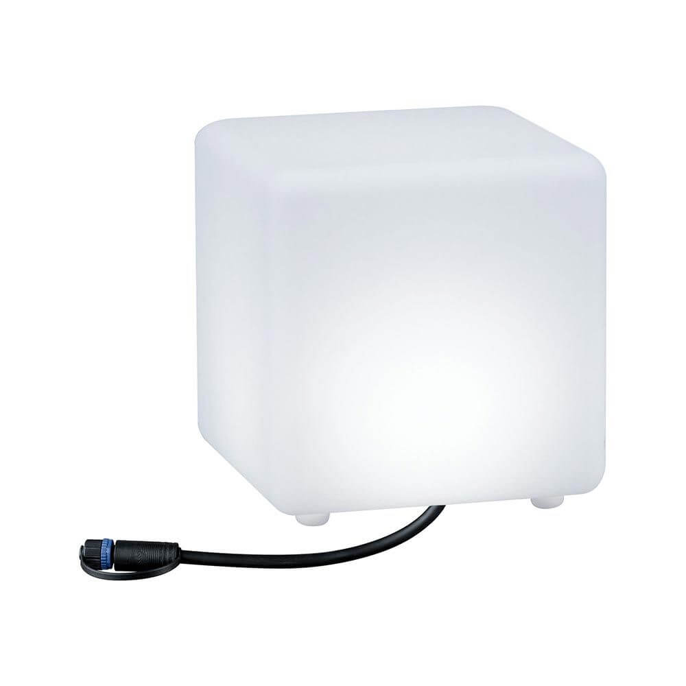 Plug & Shine LED Cube in Weiß, smartes Lichtobjekt für Terrasse und Balkon, ZigBee-fähig, IP65 wetterfest.