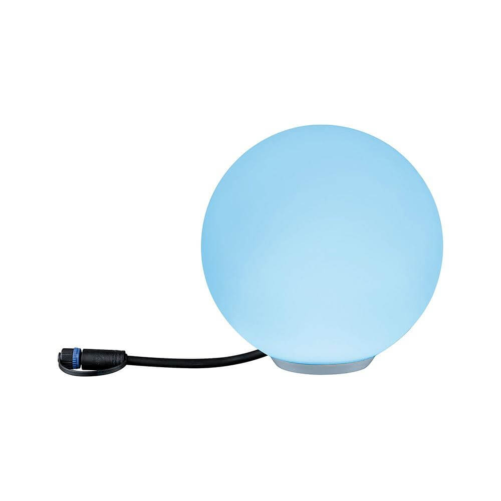 Plug & Shine ZigBee Globe in Blau mit Kabel, 20 cm Durchmesser, ideal für Garten und Terrasse.