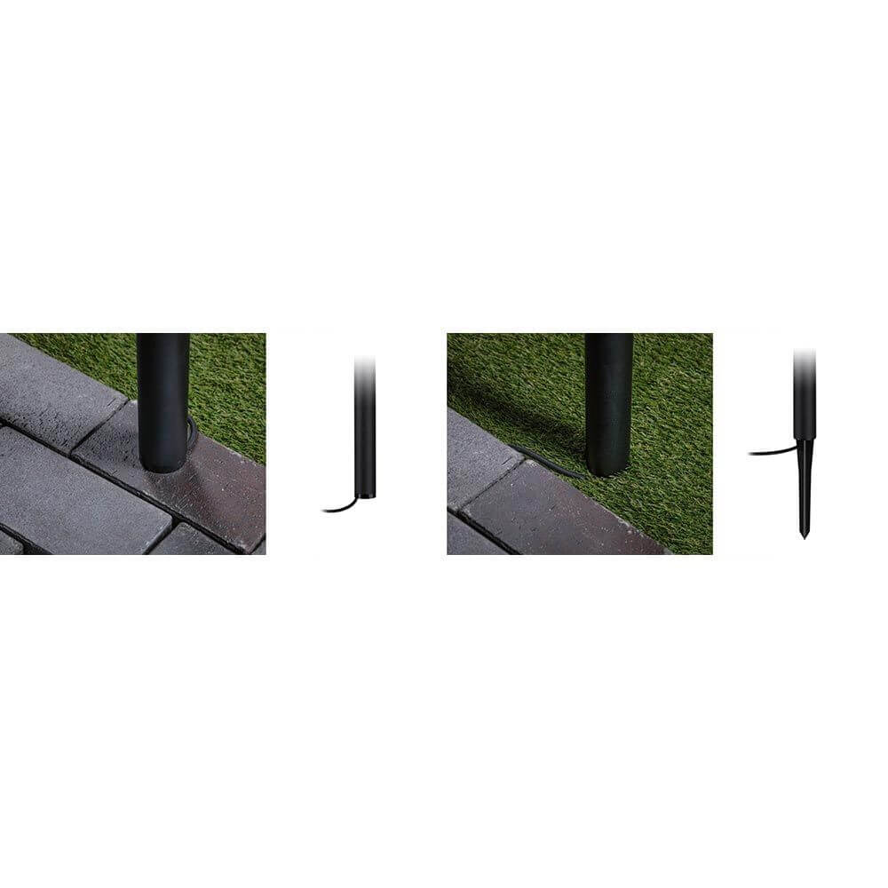 Detailansicht der Plug & Shine LED Pollerleuchte Flarea Metall IP65 auf Gehweg und Rasen.