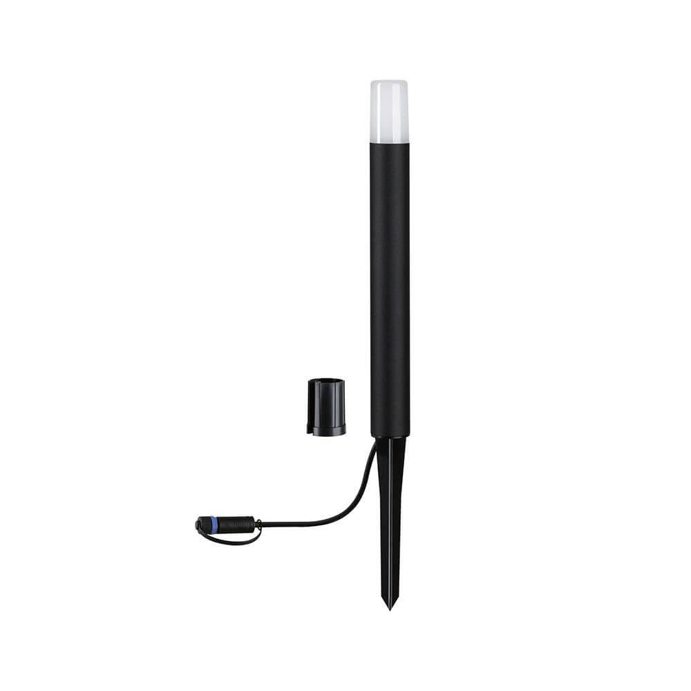 Plug & Shine LED Pollerleuchte Flarea Metall IP65 in schwarzem Design mit Erdsockel und transparentem Lampenschirm.