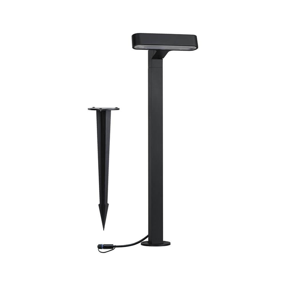 Plug & Shine LED Pollerleuchte Ito Horizontale Ausrichtung IP65 mit schwarzem Metallgehäuse und Zubehör.