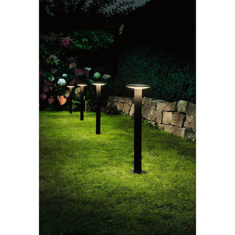 Plug & Shine LED Pollerleuchte Plate Anthrazit im Garten, beleuchtet Wege und Plätze bei Nacht.