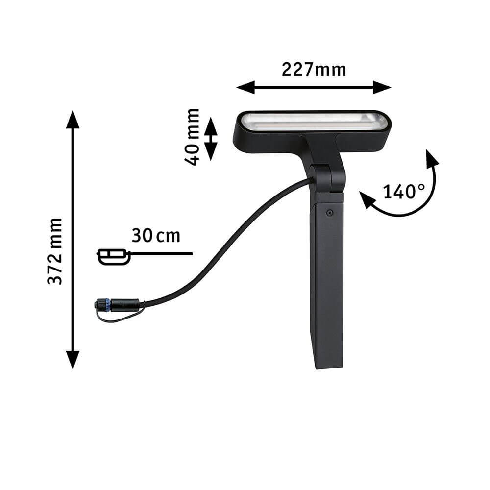 Plug & Shine LED Außen Bodenstrahler Ito mit asymmetrischem Ausstrahlwinkel, Maße: 372mm x 227mm x 40mm.
