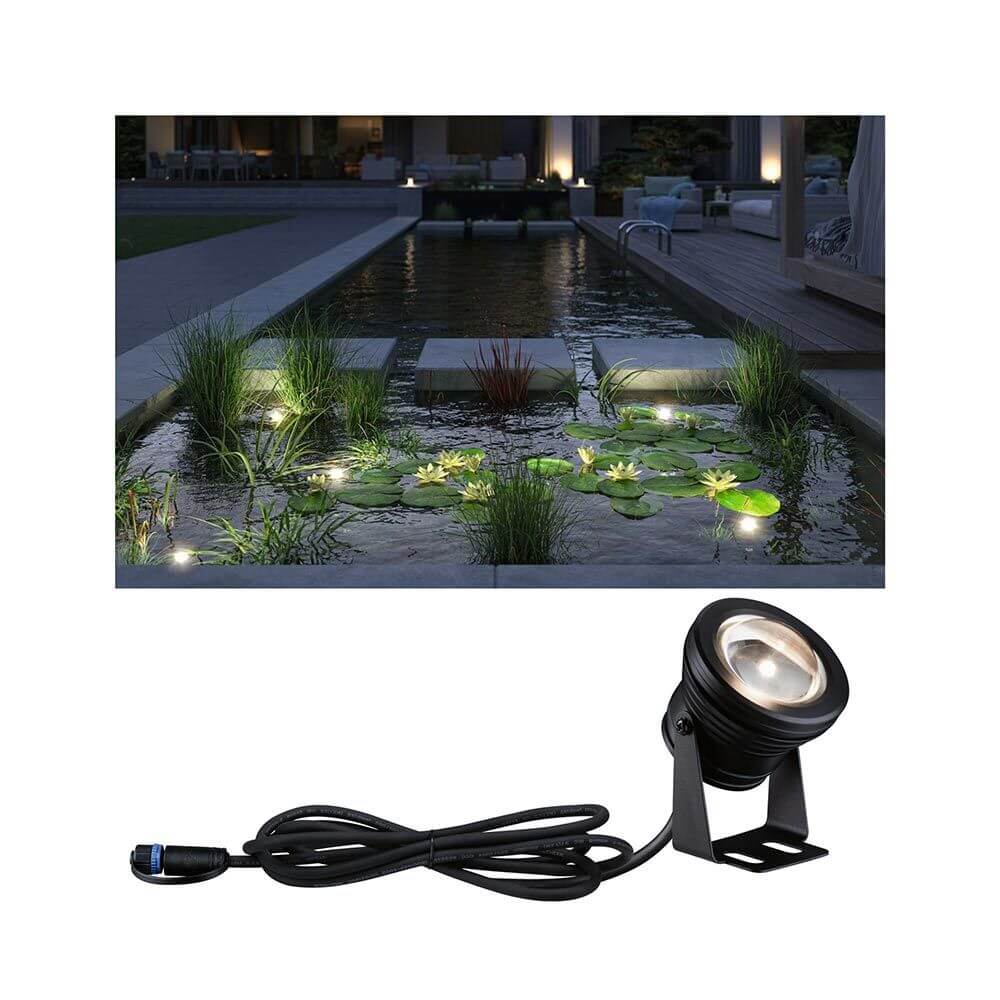 Plug & Shine LED Teichleuchte IP68 schwarz mit 2m Kabel für stimmungsvolle Lichteffekte im Garten.