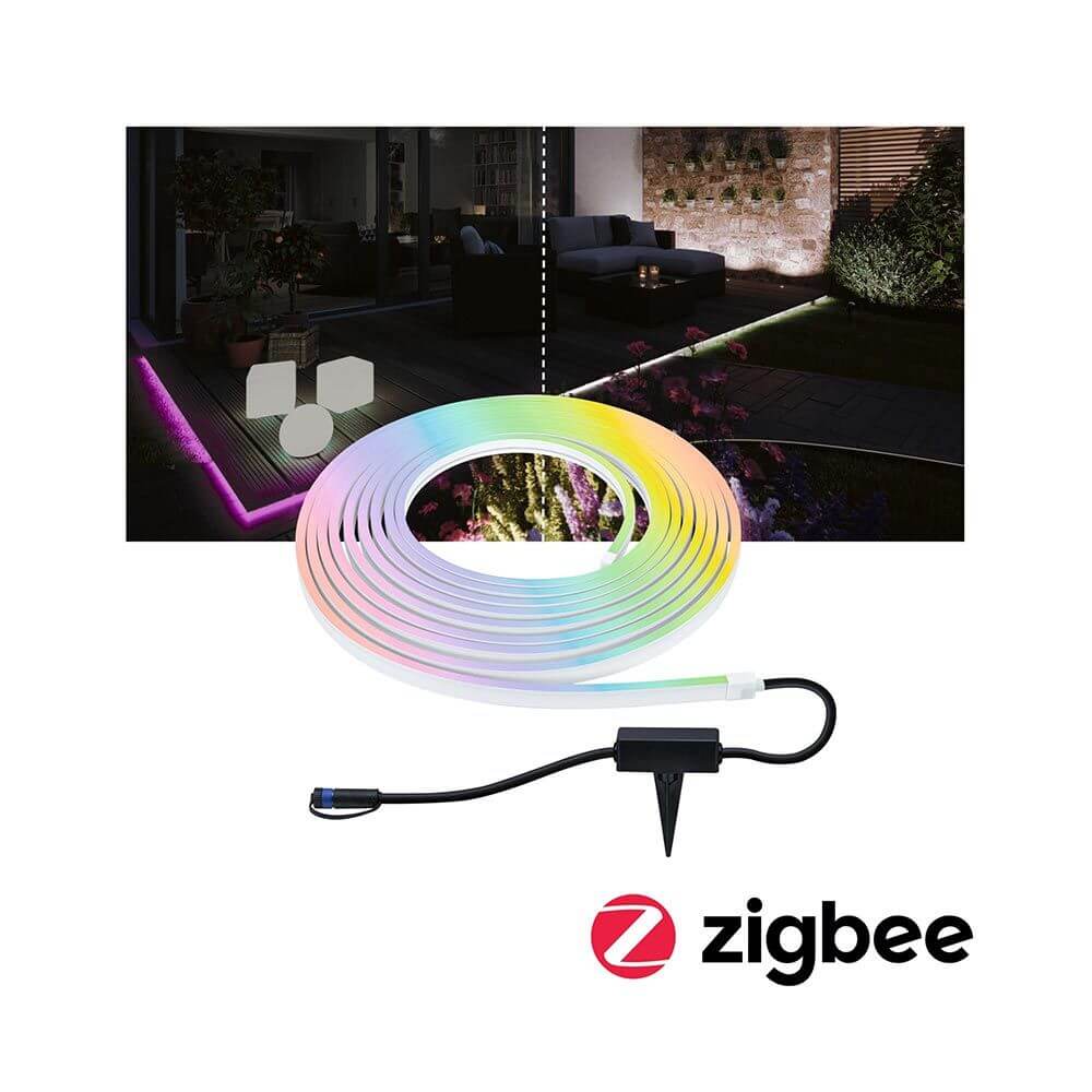 Plug & Shine LED Strip mit RGB und Tunable White für Smart Home, wetterfest und Zigbee-kompatibel.
