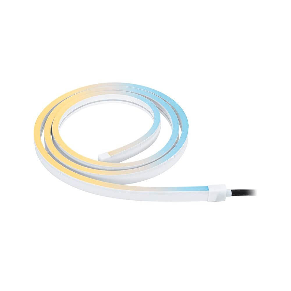 Plug & Shine LED Strip 200cm Smart Home Zigbee Smooth IP67 Weiß aufgerollt in verschiedenen Farbtönen.