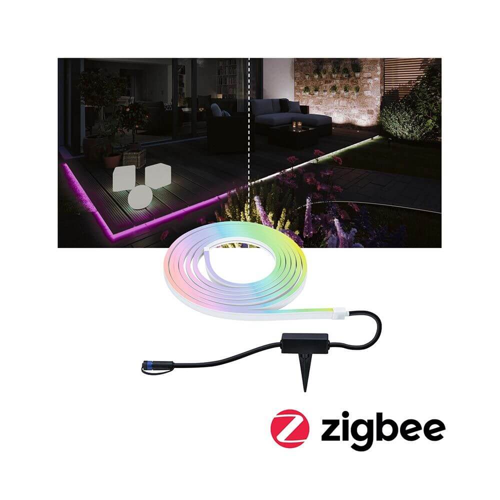 Plug & Shine LED Strip 500cm mit RGB-Farbwechsel und IP67 Wetterschutz für Smart Home Zigbee.