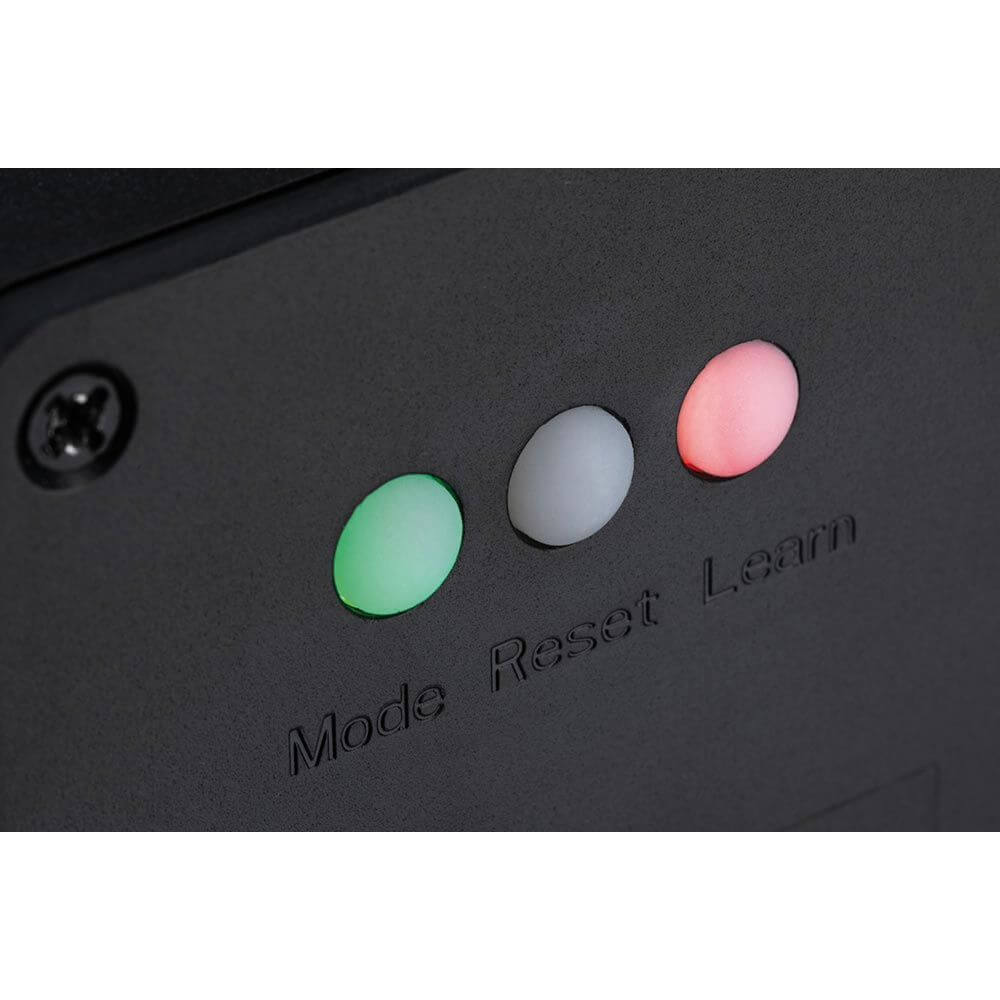 Plug & Shine Smart Home Zigbee Dämmerungssensor Anthrazit mit Steuerungsknöpfen für Mode, Reset und Learn.