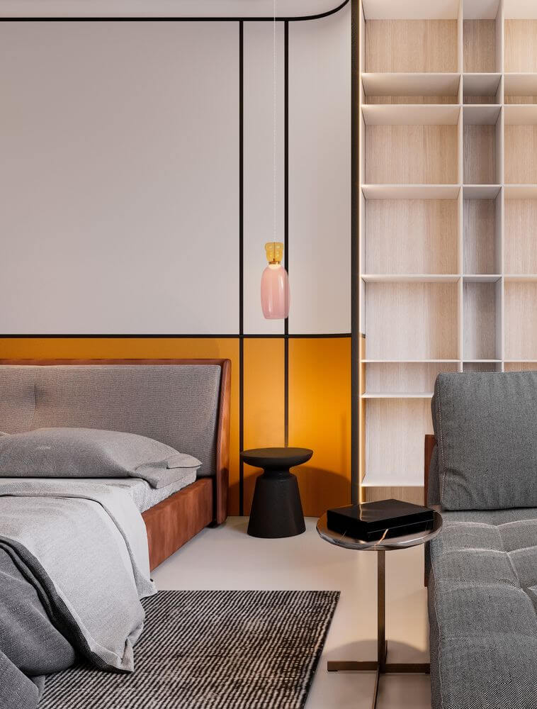 Pluma LED Pendelleuchte Ø 15cm 3000K Mehrfarbig im modernen Schlafzimmer-Design.
