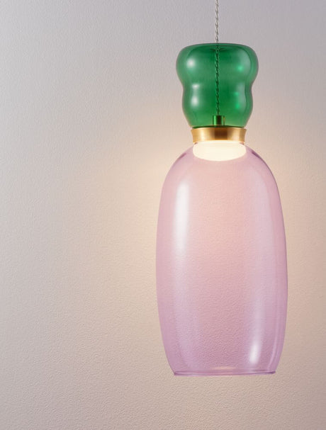 Pluma LED Pendelleuchte Ø 15cm 3000K Mehrfarbig, moderne Glas-Pendelleuchte in Grün, Rosa und Gold