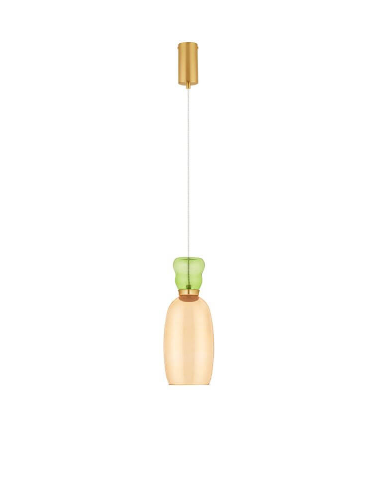 Pluma LED Pendelleuchte Ø 15cm 3000K Mehrfarbig mit zartem Glasleuchtenschirm in Gold, Blau und Rauch.