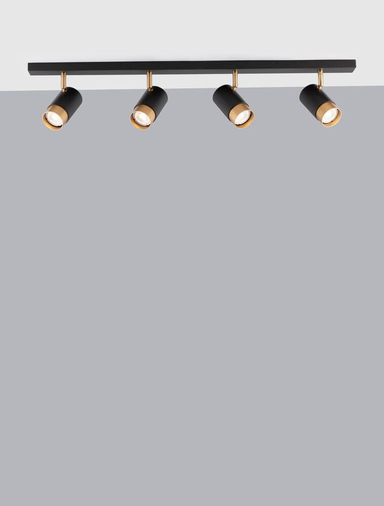 Alt Tag: Pogno Deckenleuchte 4-flammig Schwarz, Gold - moderne Deckenleuchte mit vier schwenkbaren Spots in Schwarz und Gold