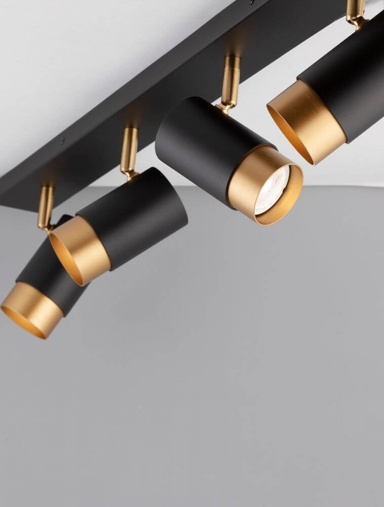 Pogno Deckenleuchte 4-flammig Schwarz, Gold – moderne Aluminium-Spotleuchte mit vier schwenkbaren schwarzen und goldenen Köpfen