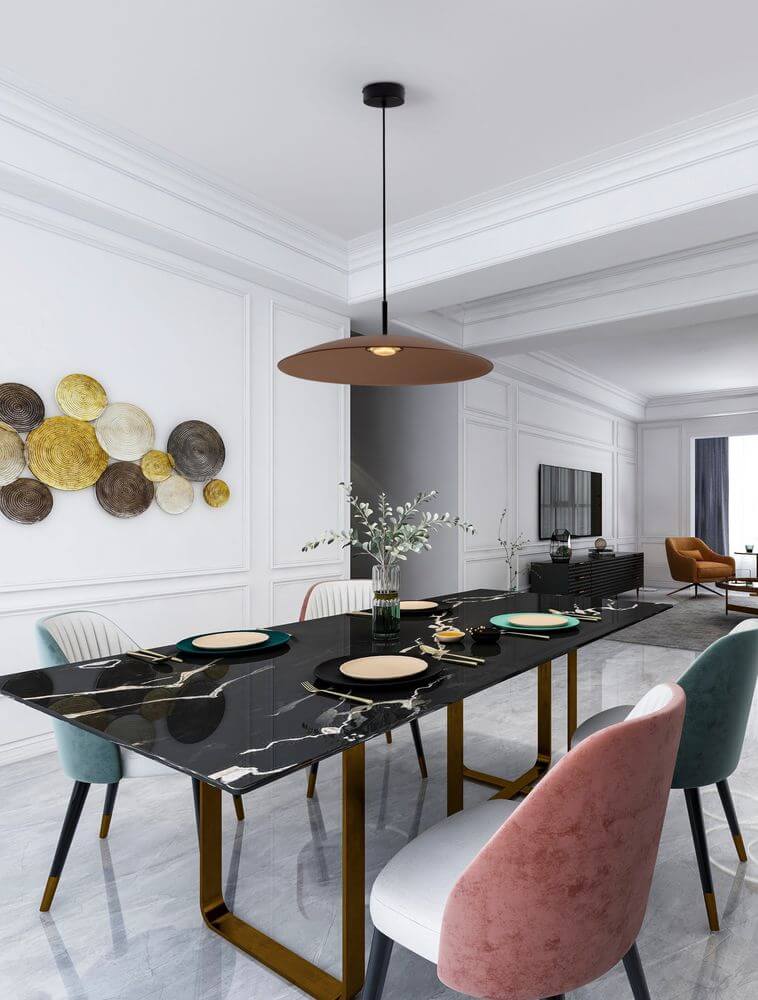 Polifemo LED Pendelleuchte Ø 60cm 3000K in modernem Esszimmer über Tisch mit elegantem Design.