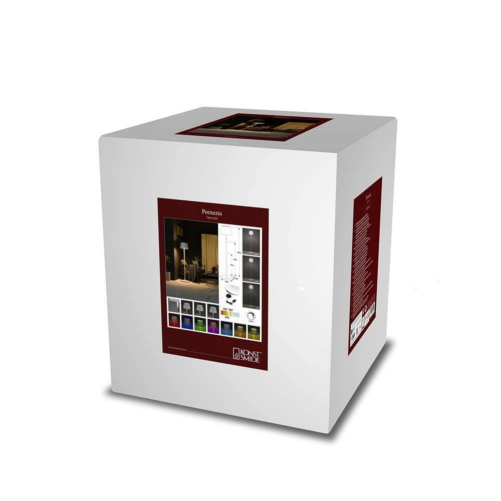 Pomezia LED RGB Außen Stehleuchte IP54 Verpackung mit Produktdetails und Anwendungsmöglichkeiten.
