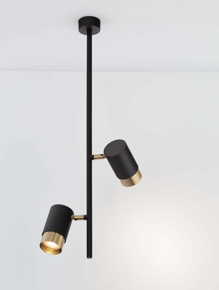 Pongo Pendelleuchte Deckenaufbau 2-flammig Ø 5,9cm Schwarz, Gold mit mattem Schwarz und Gold Zylinderschirmen.