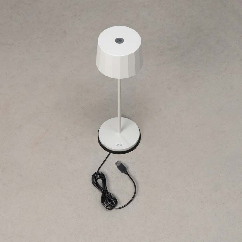 Positano Outdoor LED Akku Tischleuchte in Weiß mit USB-Anschluss und dimmbarem Licht.