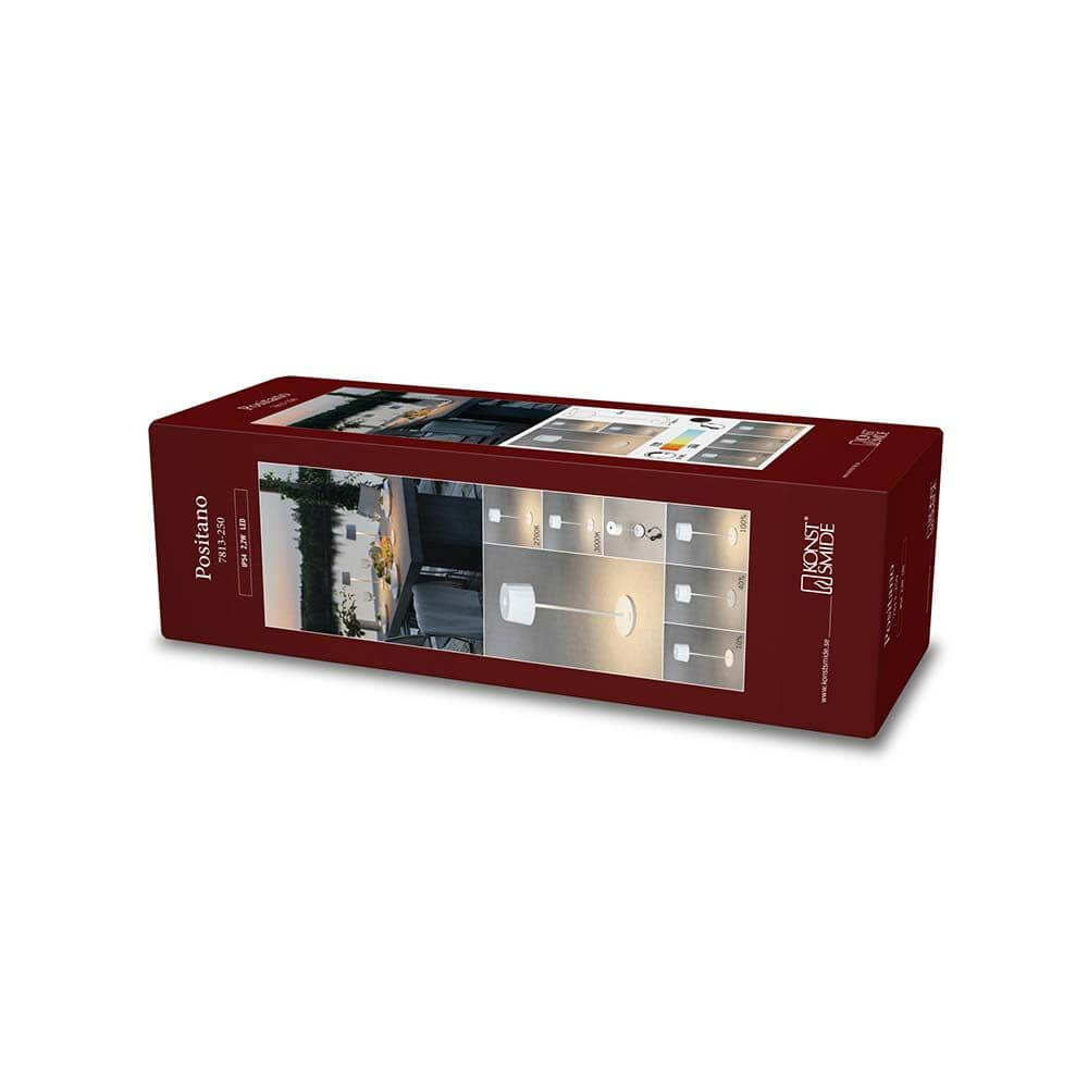 Positano Outdoor LED Akku Tischleuchte Produktverpackung mit verschiedenen Beleuchtungsoptionen.