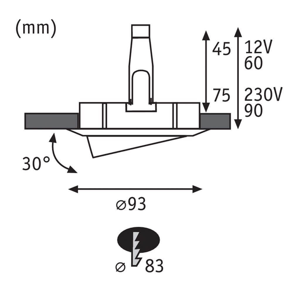 Technische Zeichnung des Premium EBS Nova Einbaustrahlers mit IP65 Schutz, Maße und Anschlussdetails.