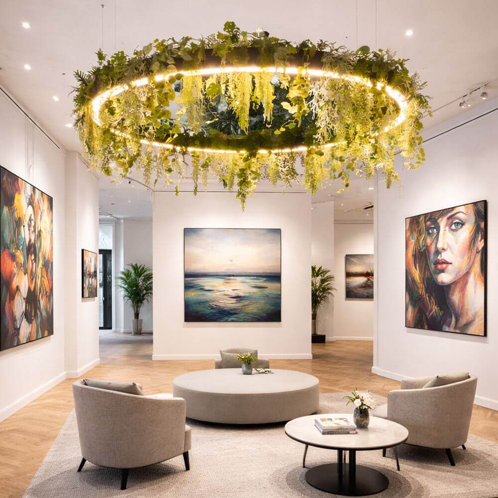 Pro Light LED Ring Pendelleuchte mit integrierter Pflanzenwanne - Sonderbau nach Maß im modernen Wohnambiente.