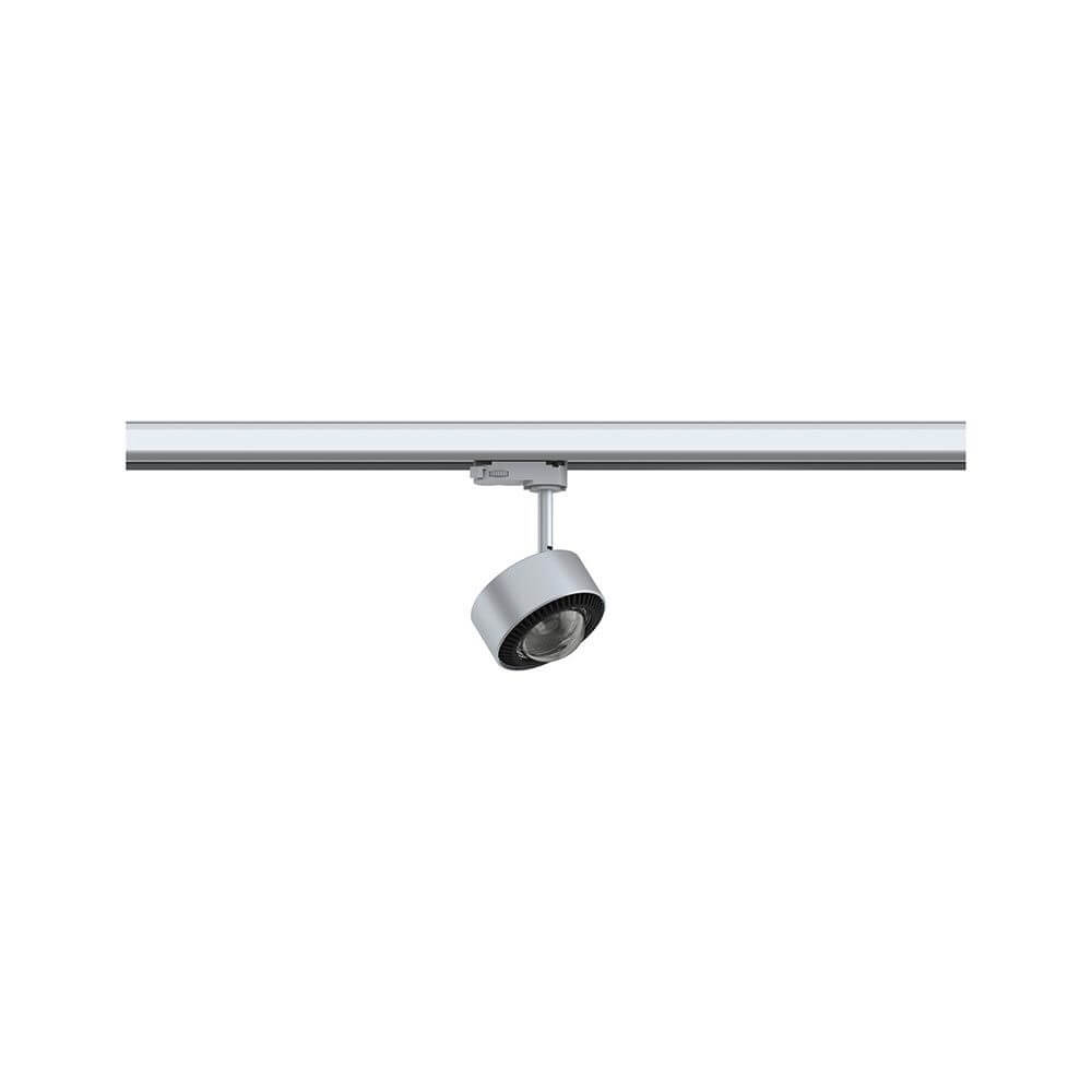 ProRail3 LED Schienenspot Aldan 8,2W Dimmbar Silber, Schwarz auf einer Schiene montiert.