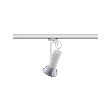 ProRail3 track spotlight Apol II dimmable white mounted on a track with a silver lampshade.