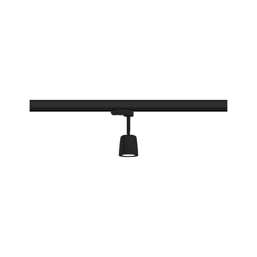 ProRail3 Schienenspot Cover Schwarz installiert an einer schwarzen Schiene, elegant und funktional.