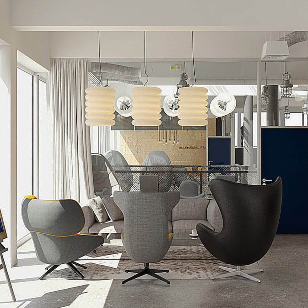 Big Design-Hängeleuchte 65 über stilvollen Sesseln in modernem Interieur mit zeitgemäßem Ambiente.