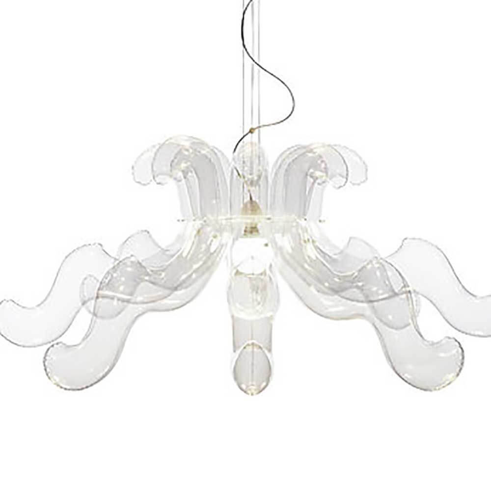Lullaby Design-Kronleuchter mit transparentem, flexiblem Schirm und verstellbaren Armen für individuelle Beleuchtung.