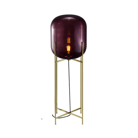 Pulpo LED Oda Big floor lamp Ø 45cm H 140cm on a gold-colored frame with a purple glass shade.