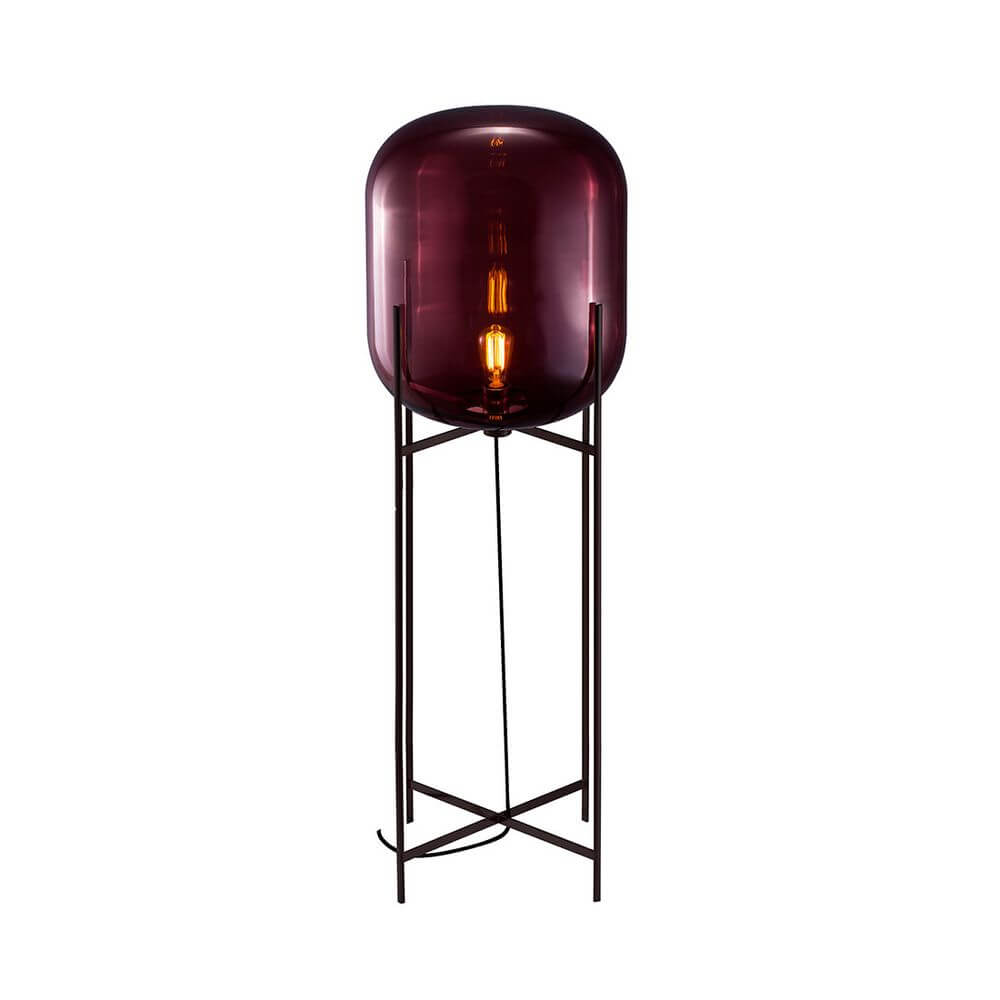 Pulpo LED Stehleuchte Oda Big, burgunderfarbene Glaskuppel mit schlanker Metallbasis, 45cm Durchmesser, 140cm hoch.
