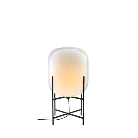 Pulpo LED Oda Medium table lamp Ø 45cm H 85cm on a black frame, bulbous luminaire made of mouth-blown glass.