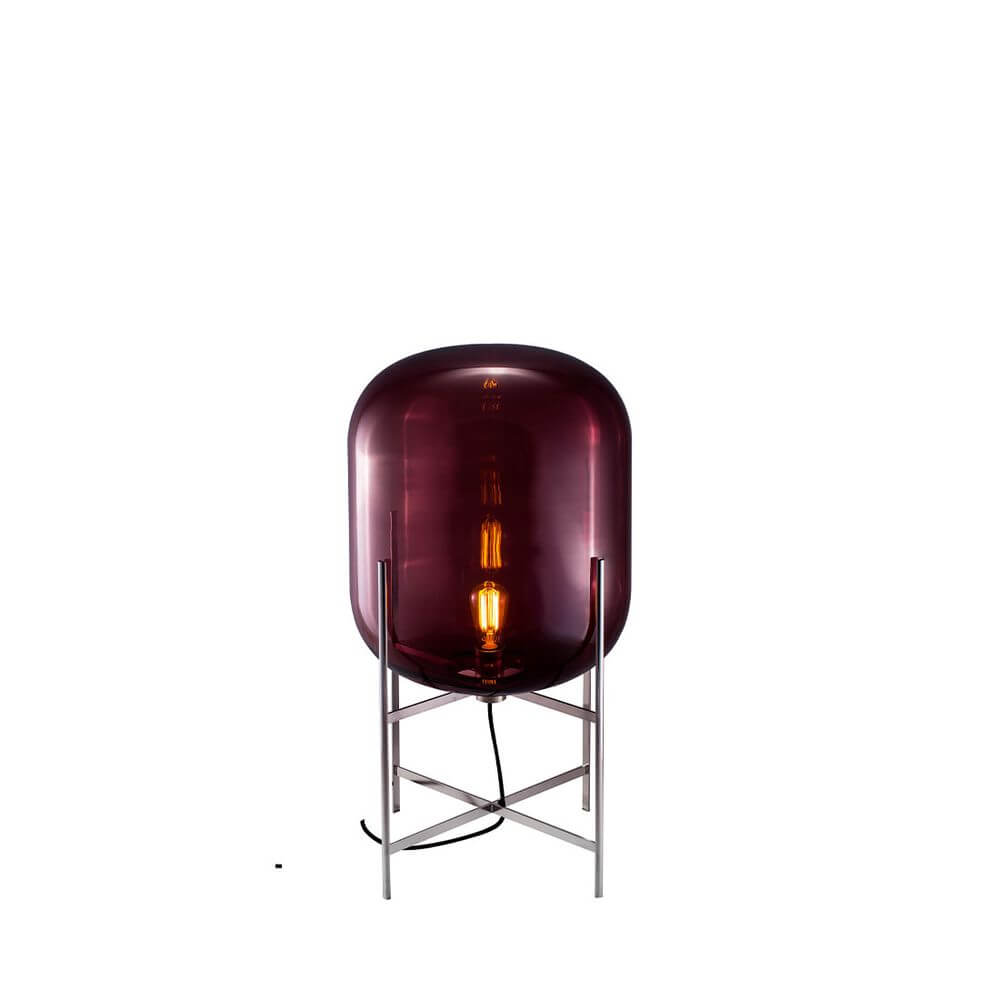 Pulpo LED Tischlampe Oda Medium in lila mit schlanker Metallbasis und mundgeblasenem Glas, warmes Licht.
