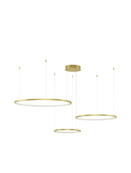 Purple LED 3-light pendant light Ø 130 cm 3000K with modern rings and a golden aesthetic.
