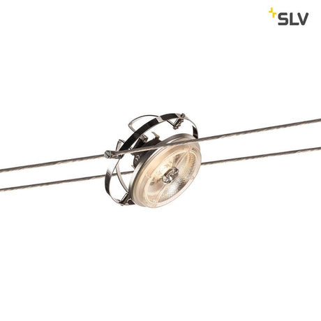QRB cable light for Tenseo 12V cable system QR111 swivel chromed, mounted on cable system.