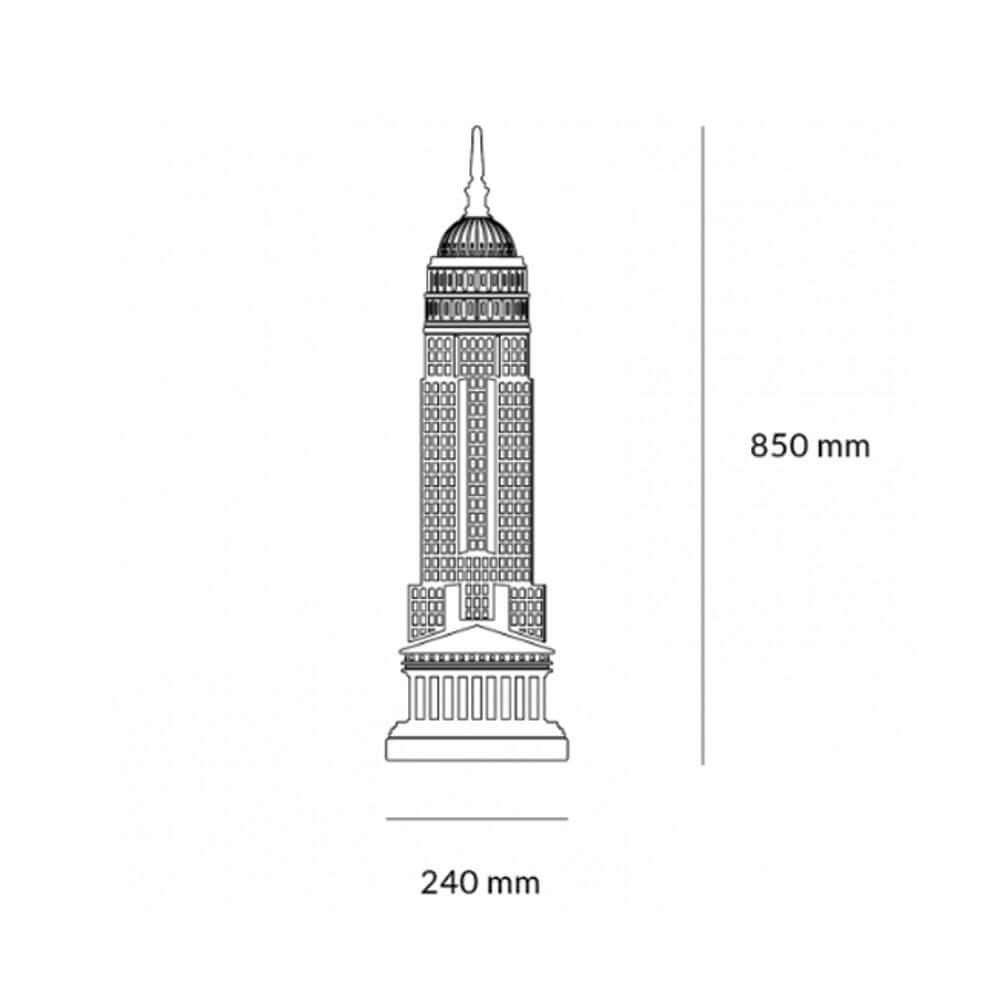 Empire Tischleuchte Illustration des Empire State Buildings mit Maßen 850 mm und 240 mm.