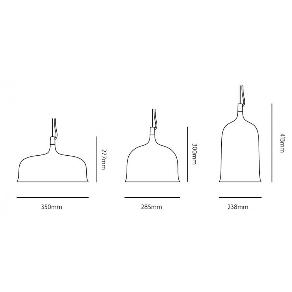 Maßzeichnungen der Goblets Pendelleuchte transparent in verschiedenen Größen: 277mm, 300mm und 413mm.