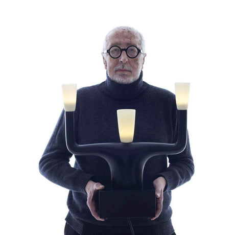 Guru table lamp, 3-light by designer Andrea Branzi, with anthropomorphic structure and three light diffusers.