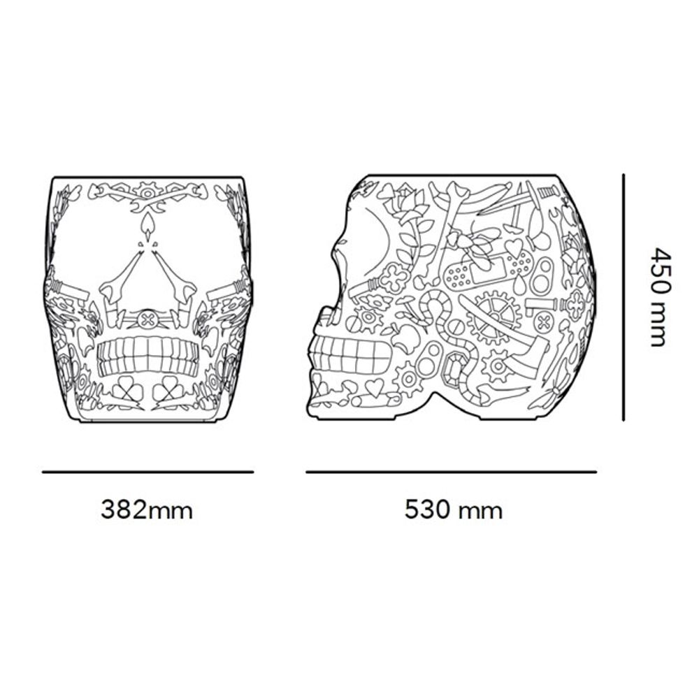 Maßzeichnung des Mexico Akku LED-Hockers in Totenschädel-Form, 530 mm breit und 450 mm hoch.