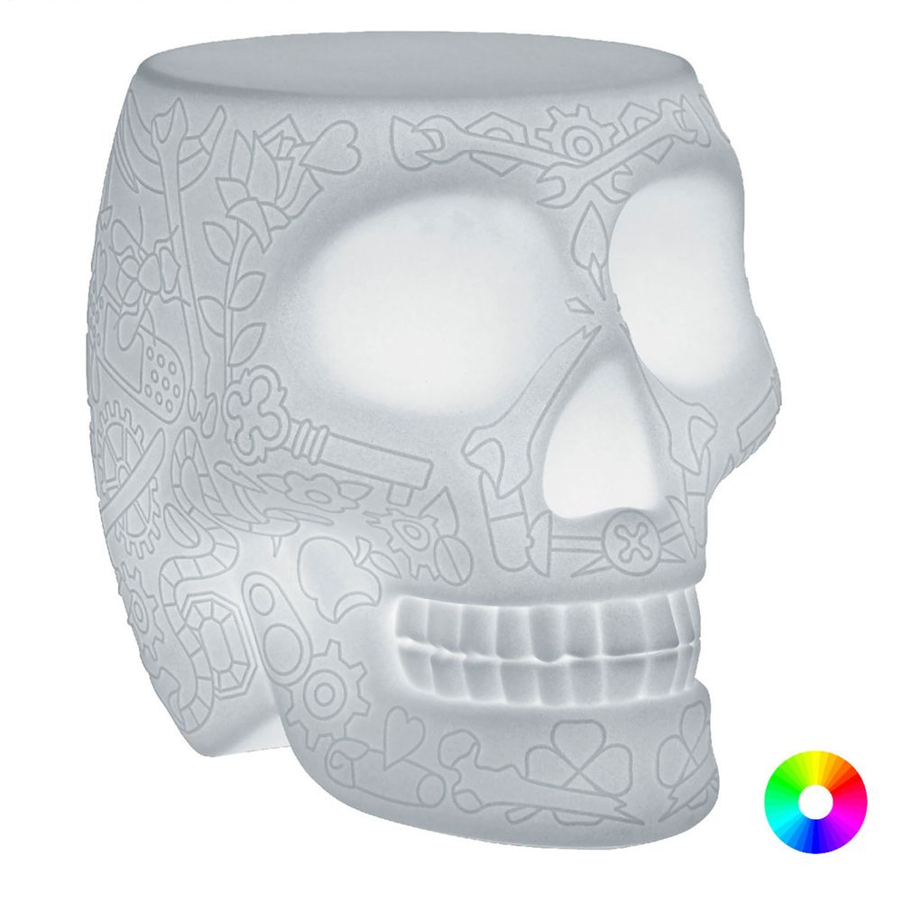 Mexico Akku LED-Hocker in Form eines Totenschädel mit grafischen Mustern, vielseitig als Hocker oder Beistelltisch.