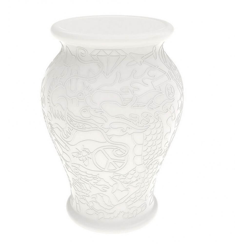 Ming Blumentopf oder Hocker Akku-LED in elegantem weißen Design, ideal als Tisch oder Hocker.