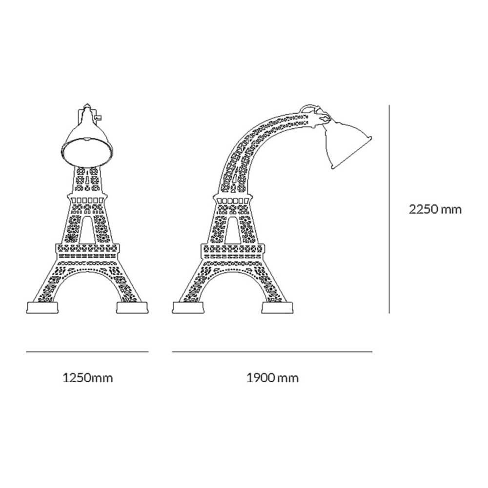 Paris XL Stehleuchte Eifelturm 225cm Maßzeichnung mit Höhenangabe 2250 mm für Innen- und Außenbereich.